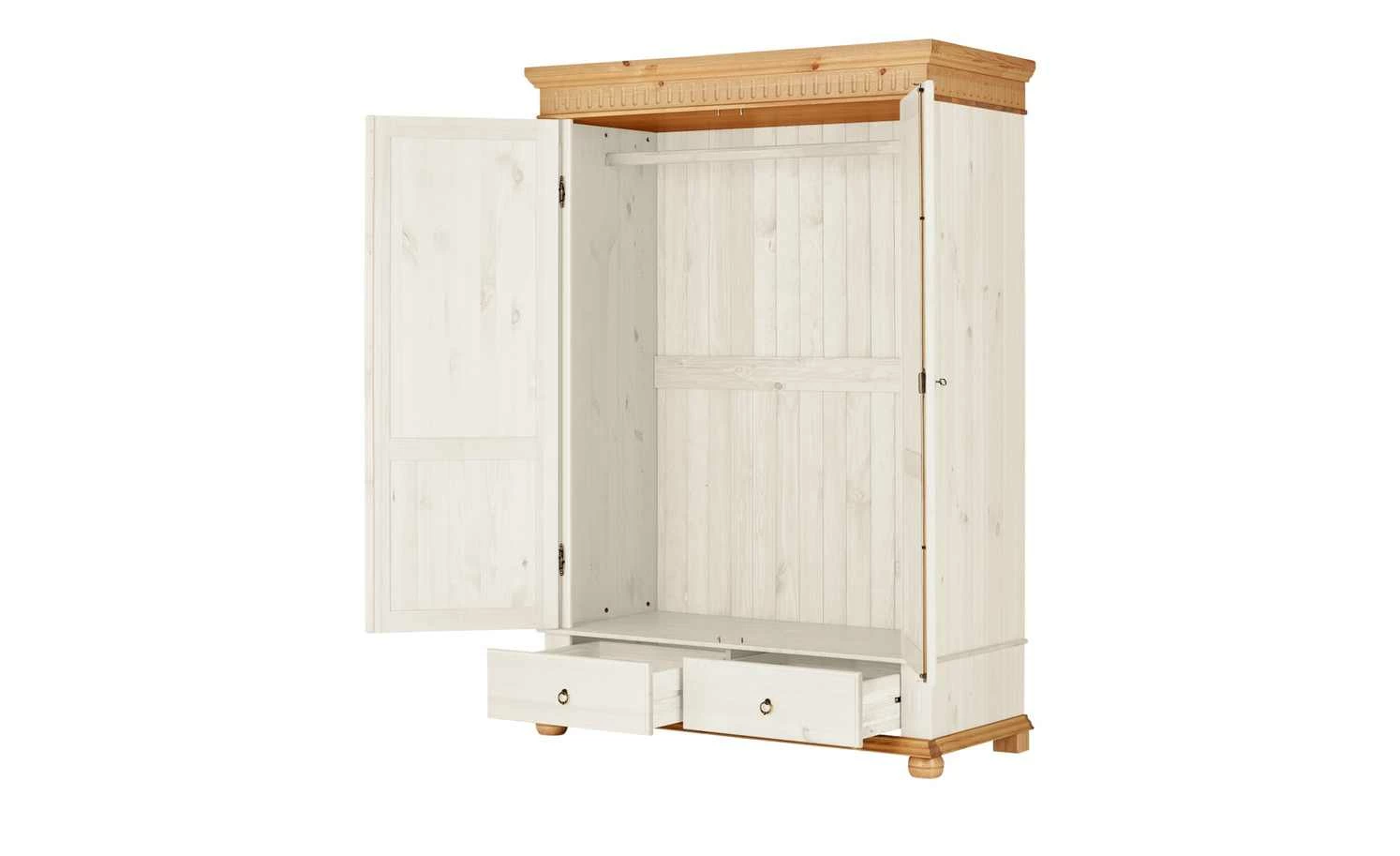 Kleiderschrank, 2-türig Bornholm | Kiefer Weiß / Kiefer antikfarben geteilte gemusterte Tür 4 Kleiderschrank, 2-türig Bornholm | Kiefer Weiß / Kiefer antikfarben geteilte gemusterte Tür – Bild 2