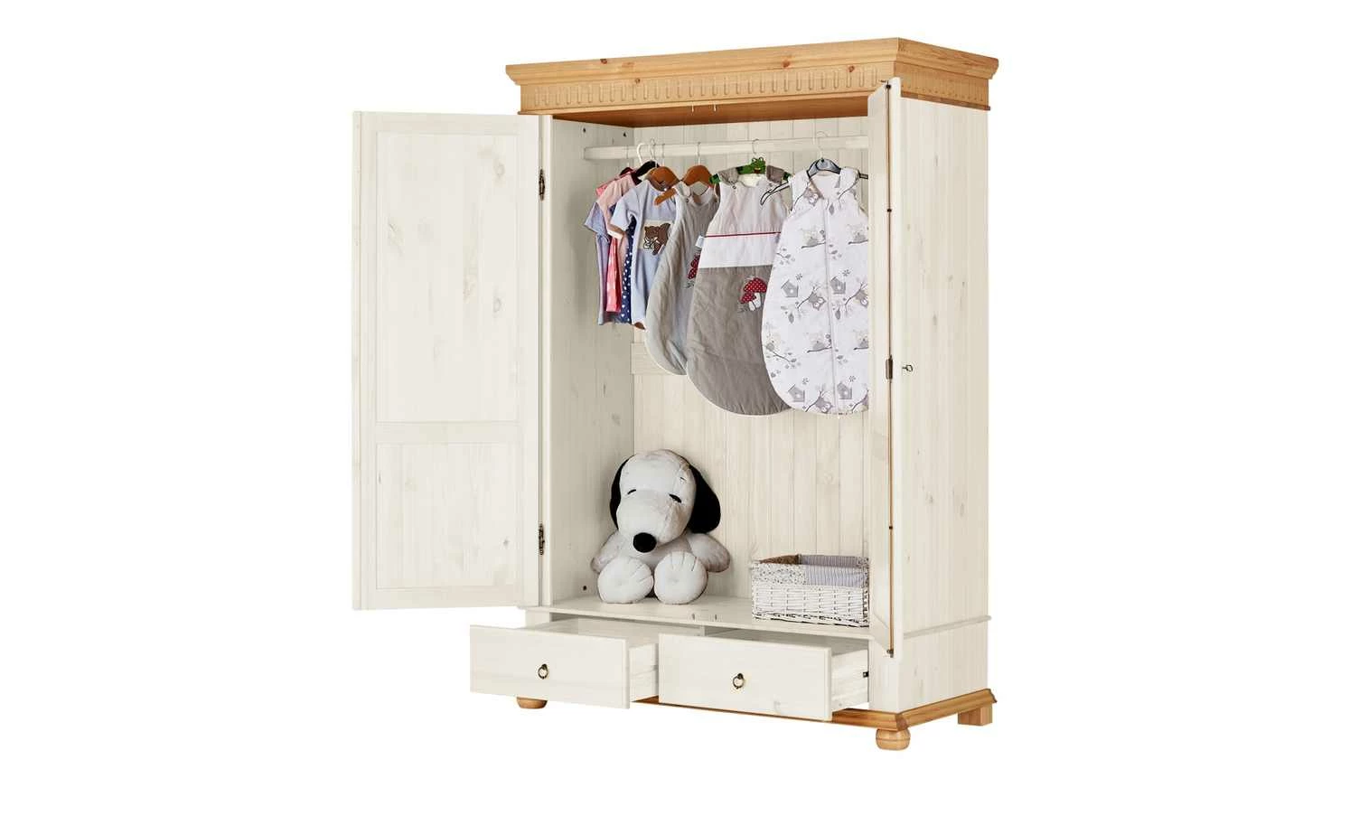 Kleiderschrank, 2-türig Bornholm | Kiefer Weiß / Kiefer antikfarben geteilte gemusterte Tür 5 Kleiderschrank, 2-türig Bornholm | Kiefer Weiß / Kiefer antikfarben geteilte gemusterte Tür – Bild 3